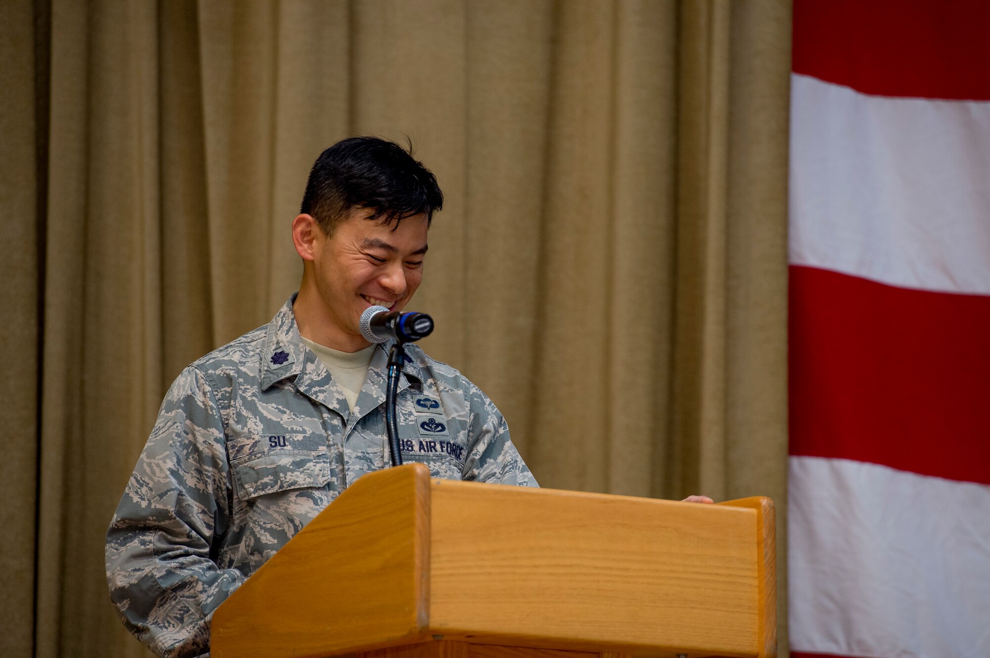 U.S. Air Force Lt. Col Chen Y. Su gives his last speech as the 386th Expeditionary Civil Engineer Squadron commander June 11, 2014 at the Rock Theater at an undisclosed location in Southwest Asia. Su will move to Shaw Air Force Base, South Carolina where he will be assigned to U.S. Air Forces Central, installation mission support, deputy director of installations. (U.S. Air Force photo by Staff Sgt. Jeremy Bowcock)