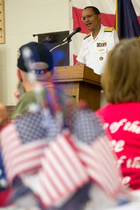 OMAHA, Neb. (June 14, 2014) Commander, U.S. Strategic Command (USSTRATCOM) Adm. Cecil D. Haney speaks at the Boy Scouts of America Flag Day Breakfast. The breakfast honored active duty and veteran military personnel and commemorated the Continental Congress' resolution that "the flag of the U.S. be made of 13 stripes; alternate red and white; that the union be 13 stars, white in a blue field, representing a new constellation." Haney spoke of the importance of Boy Scout values, including loyalty, selflessness and service to others. USSTRATCOM is one of nine DoD unified combatant commands and is charged with space operations, information operations, missile defense, global command and control, intelligence, surveillance and reconnaissance, global strike, strategic deterrence, and combating weapons of mass destruction. (U.S. Navy photo by Mass Communication Specialist 1st Class Byron C. Linder/Released)