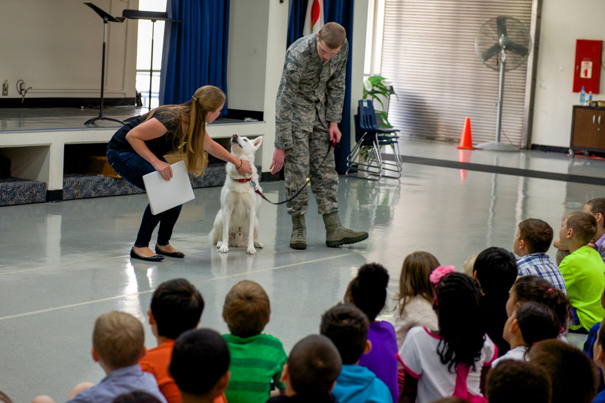 Kirsten Machamer, 374th Aerospace Medicine Squadron public health volunteer and dog trainer, and Airman 1st Class Troy Rathke, 374th Aerospace Medicine Squadron public health technician, demonstrate the proper way to pet a dog during a dog safety briefing at Yokota Air Base, Japan, June 12, 2014. The presentation aimed to reduce the risk of an accidental dog bite. (U.S. Air Force photo by Airman 1st Class David Danford/Released)