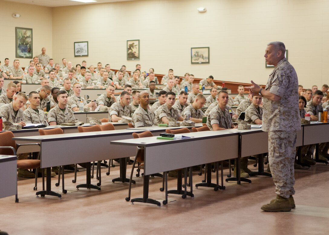 The Assistant Commandant of the Marine Corps, Gen. John M. Paxton, Jr., speaks to students of Bravo Company at The Basic School, Marine Corps Base Quantico, Va., June 11, 2014. (U.S. Marine Corps photo by Cpl. Tia Dufour/Released)