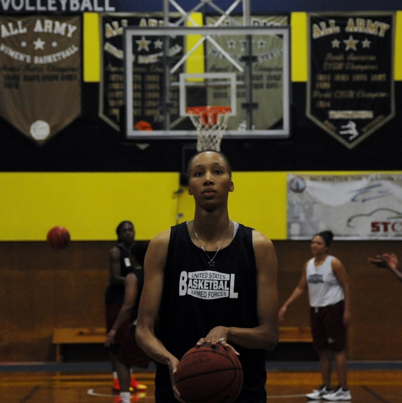 Spc. Danielle Salley, 20th Engineer Brigade, Fort Bragg, N.C., prepares for a free throw at practice June 9 on Fort Indiantown Gap, Pa. At six feet, four inches tall, Salley plays center. (U.S. Army National Guard photo by Maj. Angela King-Sweigart/Released)
