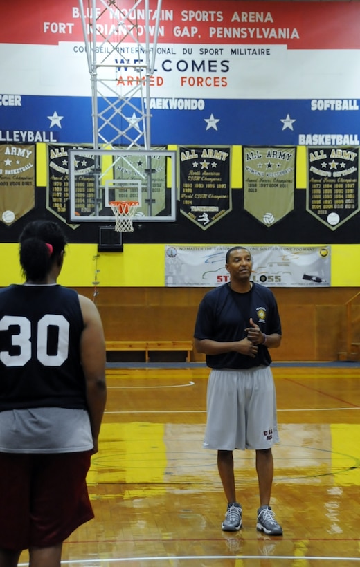 The team’s coach Army Lt. Col. William “Nate” Johnson, chief of operations, 94th Army Air and Missile Defense Command, Fort Shafter, Hawaii, is prepared for the competition against other nations in June. Johnson began coaching basketball in 1995. “My motto is leading to succeeding,” he said. (U.S. Army National Guard photo by Maj. Angela King-Sweigart/Released)