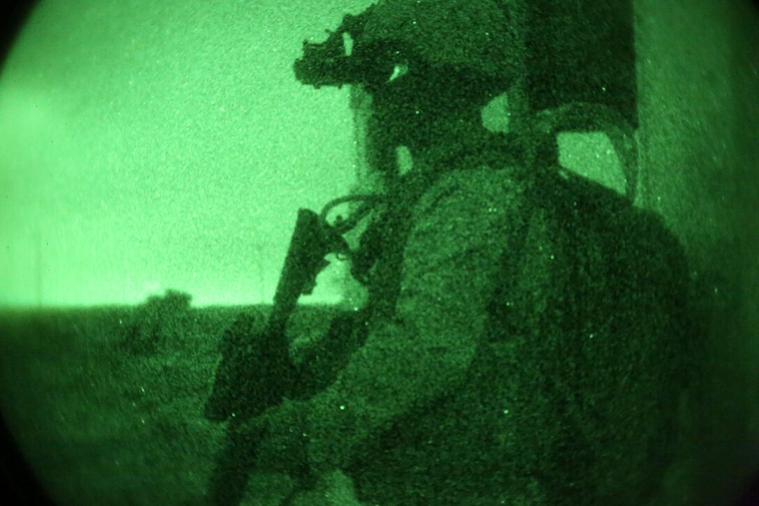 A Marine with Echo Company, Battalion Landing Team 2nd Battalion, 1st Marines, 11th Marine Expeditionary Unit, posts security during an island seizure operation as part of Certification Exercise (CERTEX) on San Clemente Island, California, June 13. CERTEX is the final evaluation of the 11th MEU and Makin Island Amphibious Ready Group prior to deployment. The evaluation requires the Marines and sailors to plan and conduct integrated missions simulated to reflect real-world operations. (U.S. Marine Corps photo by Sgt. Melissa Wenger/Released)