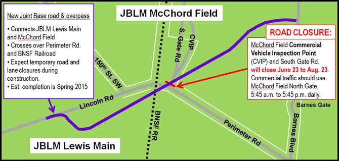 Construction has begun on a new road and overpass project that will cross over Perimeter Road, which bisects JBLM Lewis Main and McChord Field, to link both sides of the joint base. Service members who work on either side of JBLM will more easily travel back-and-forth without needing to exit or enter security gates. Commercial vehicles that normally enter the McChord Field CVIP will use the McChord Field North Gate, which is located at the intersection of South Tacoma Way and 112th Street. The North Gate will be open for commercial vehicle traffic daily from 5:45 a.m. to 5:45 p.m. Project completion is set for the Spring of 2015. (Graphic courtesy of JBLM multimedia)