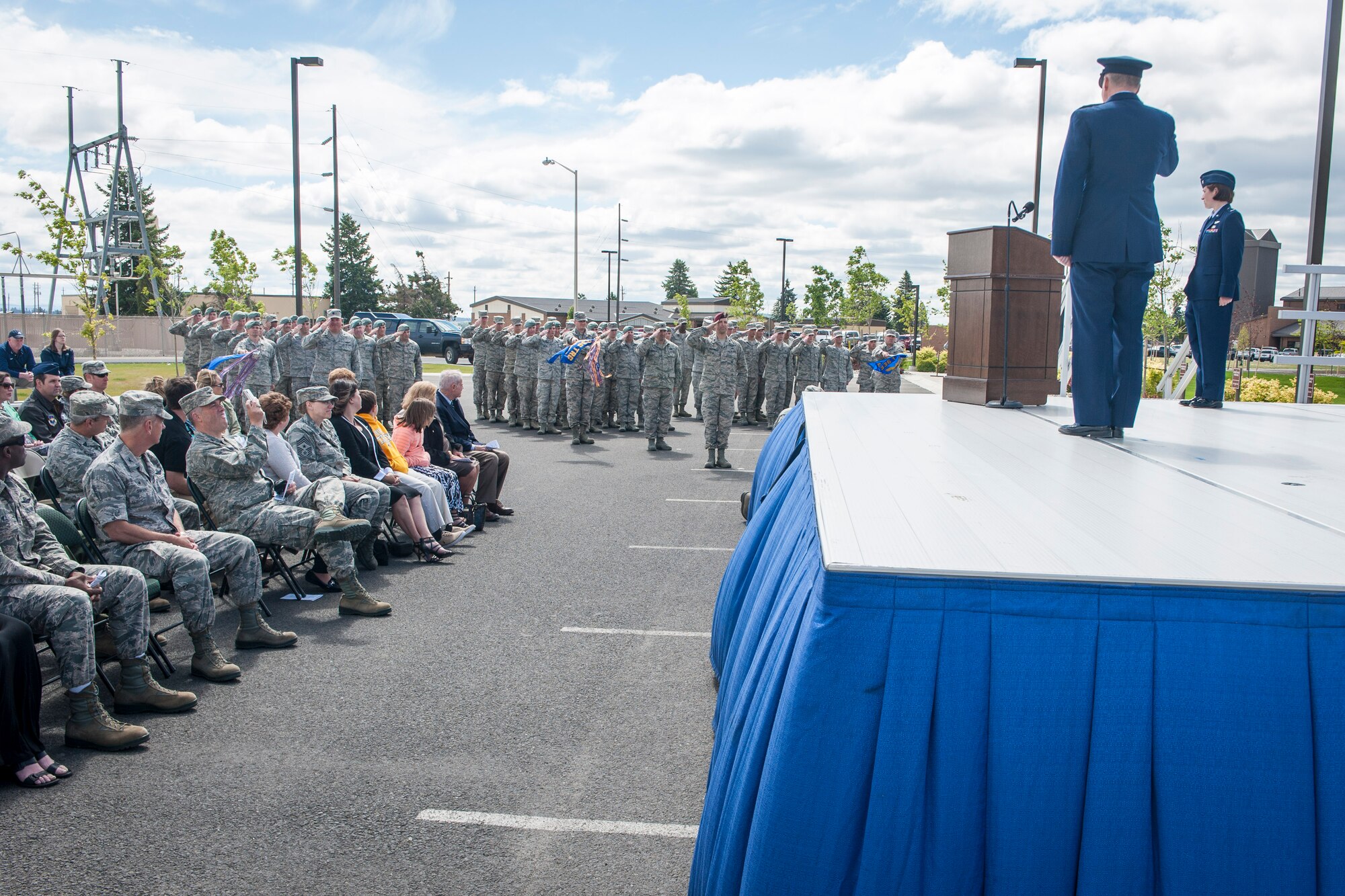Col. William “Bill” Thomas renders a final salute to his Airmen and of the 336th Training Group before handing over the reins during the 336th TRG’s change of command ceremony at Fairchild Air Force Base, Wash., June 16, 2014. Thomas handed over command of the group to Col. Jonathan Duncan. Duncan comes to Fairchild from an assignment at Hurlburt Field, Fla., where he served as the Chief, Programs Division, Headquarters Air Force Special Operations. The 336th TRG is the sole manager of all U.S. Air Force Survival, Evasion, Resistance and Escape training. Its mission is to provide at risk of isolation personnel with the skills and confidence to “Return with Honor.” (U.S. Air Force photo by Staff Sgt. Benjamin W. Stratton/Released)