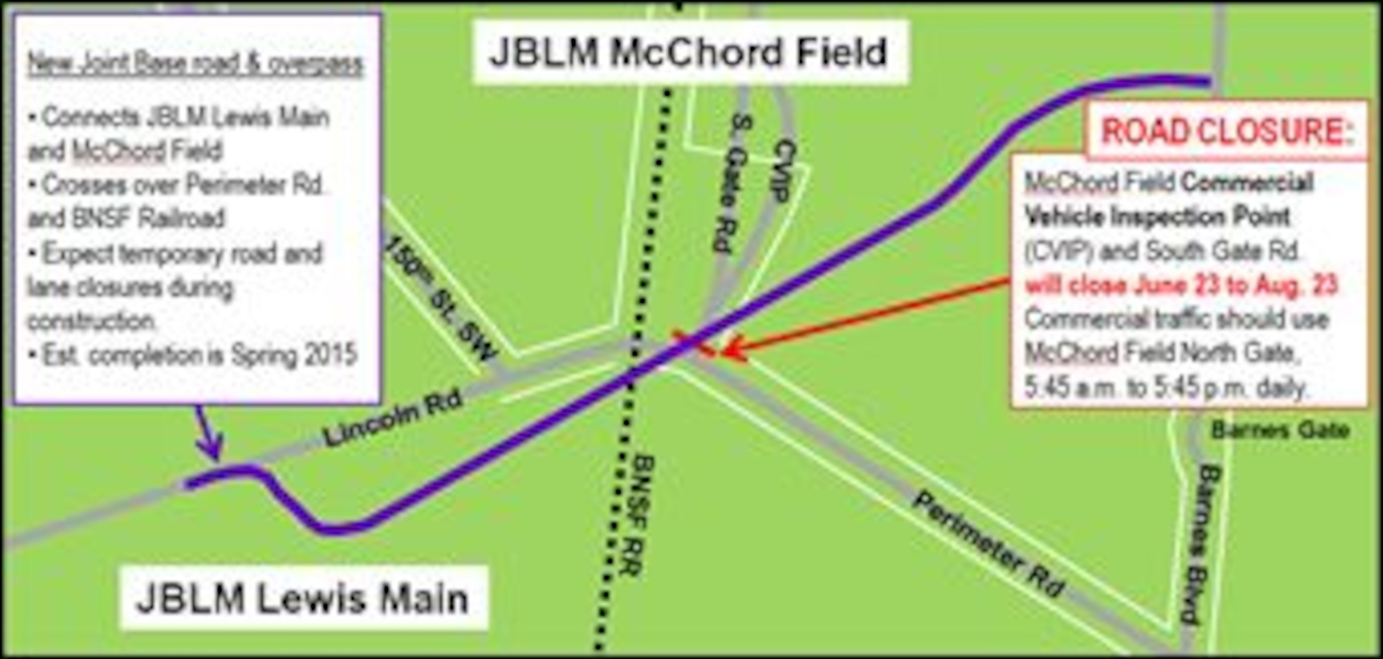 Construction has begun on a new road and overpass project that will cross over Perimeter Road, which bisects JBLM Lewis Main and McChord Field, to link both sides of the joint base. Service members who work on either side of JBLM will more easily travel back-and-forth without needing to exit or enter security gates. Commercial vehicles that normally enter the McChord Field CVIP will use the McChord Field North Gate, which is located at the intersection of South Tacoma Way and 112th Street. The North Gate will be open for commercial vehicle traffic daily from 5:45 a.m. to 5:45 p.m. Project completion is set for the Spring of 2015. (Graphic courtesy of JBLM multimedia)