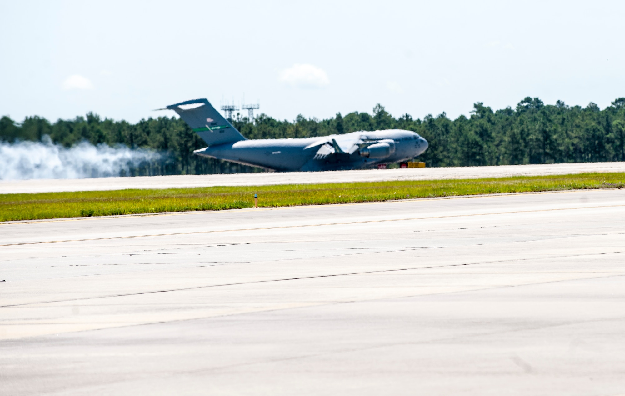 A C-17 Globemaster III lands during a deployment return at Moody Air Force Base, Ga., June 10, 2014. More than 80 Airmen returned from a four-month deployment to Bagram Airfield, Afghanistan.
(U.S. Air Force photo by Airman 1st Class Ceaira Tinsley/Released)