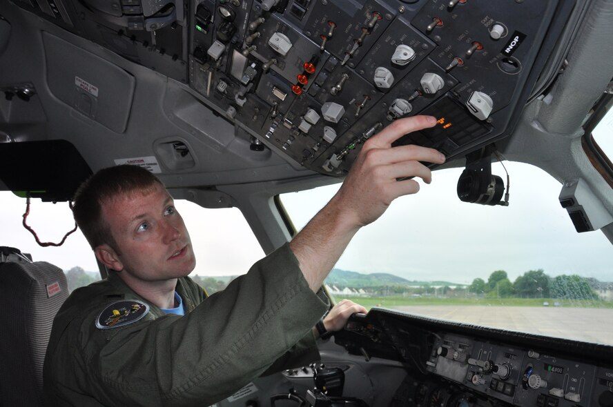 KC-10 Extender pilot, 1st. Lt. Tyson Hill begins pre-flight procedures June 6, at Royal Air Force Leuchars, United Kingdom,  as the Air Force Reserve crew from Joint Base McGuire-Dix-Lakehurst, N.J., prepare to fly an air refueling training mission with Eurofighter Typhoon pilots from the 6 Squadron. (U.S. Air Force photo/Master Sgt. Donna T. Jeffries)