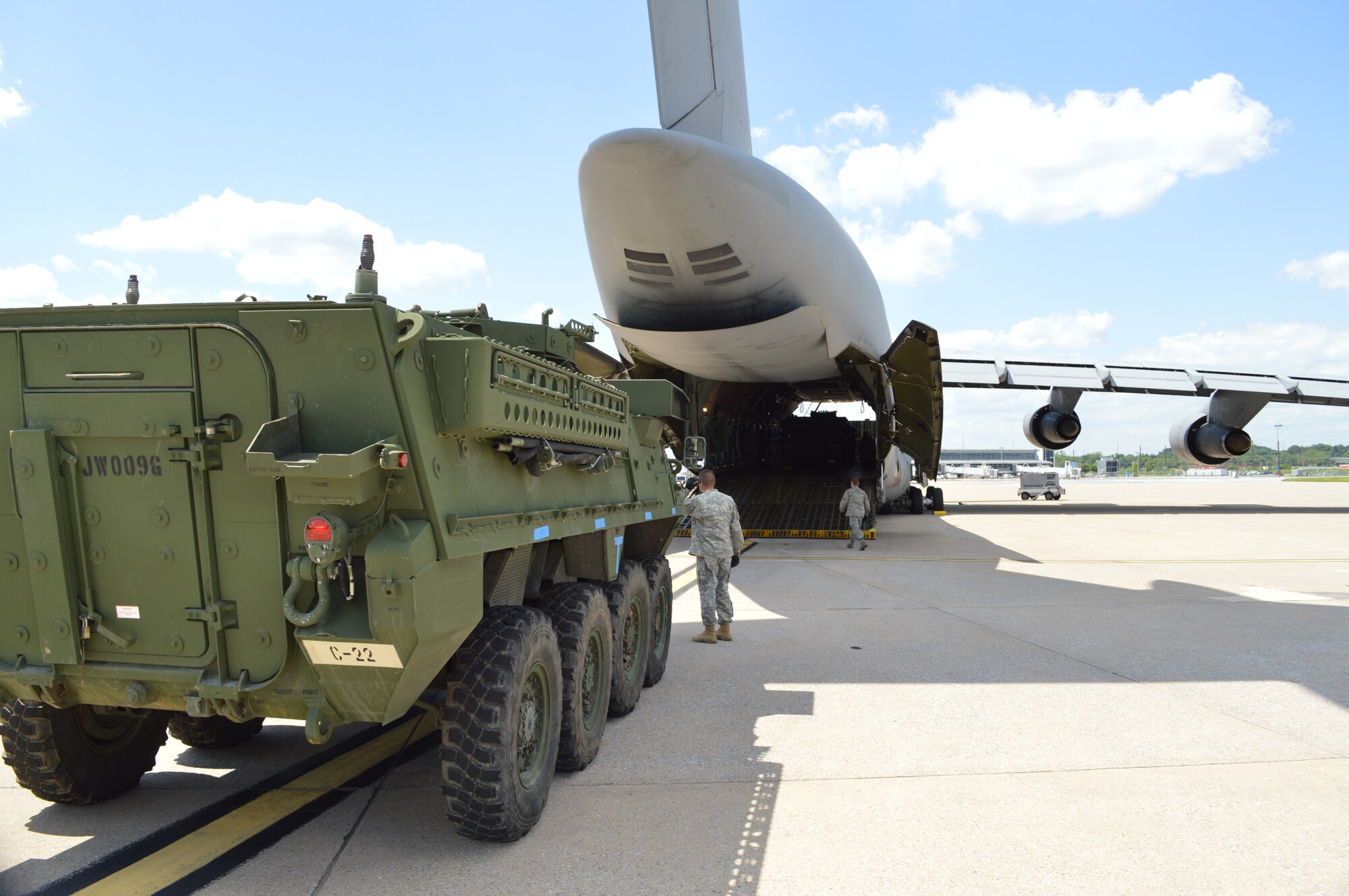 A Stryker Combat Vehicle from the 56th Stryker Brigade Combat Team’s 2nd Squadron, 104th Cavalry sits on the ramp at the Harrisburg International Airport, Middletown, Pa., awaiting its turn to be loaded aboard a West Virginia National Guard C-5 bound for the Baltics, June 5, 2014. This is the fifth consecutive year the Stryker Brigade has participated in Exercise Saber Strike — an international exercise that is rotated annually between the countries of Latvia, Lithuania, and Estonia. (U.S. Army photo/Maj. Edward Shank)


