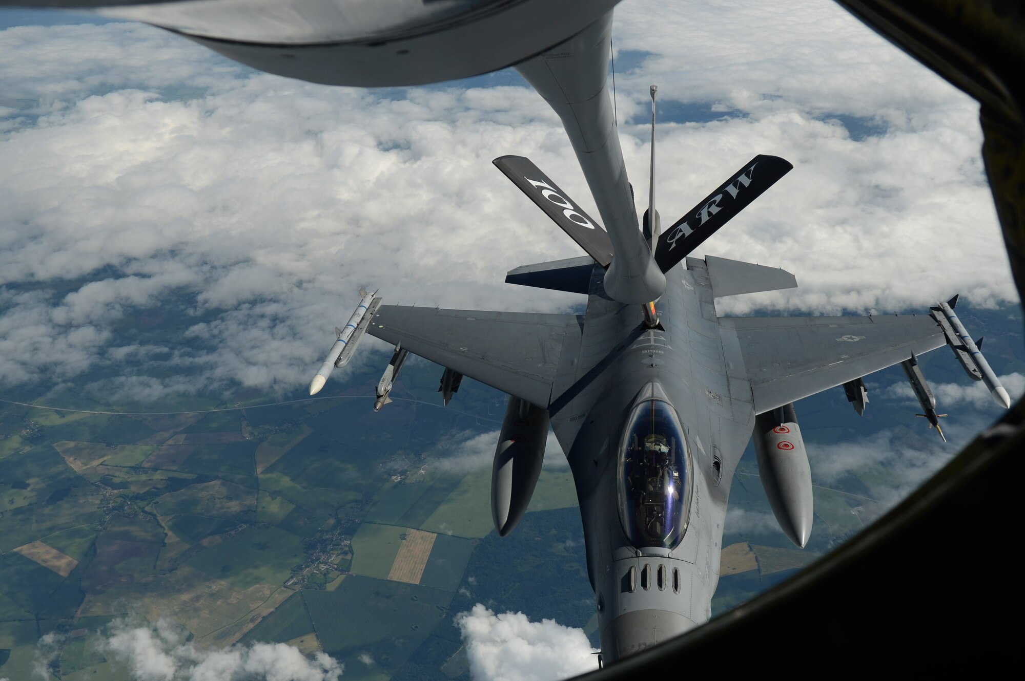 A U.S. Air Force F-16 Fighting Falcon recieves fuel from a KC-135 Stratotanker assigned to the 351st Expeditionary Air Refueling Squadron June 13, 2014, during a Baltic Operations Exercise mission over Germany. For BALTOPS, the U.S. Air Force is providing fighter aircraft for maritime interdiction and dissimilar air combat training, as well as air refueling support.  (U.S. Air Force photo/Airman 1st Class Kyla Gifford/Released)