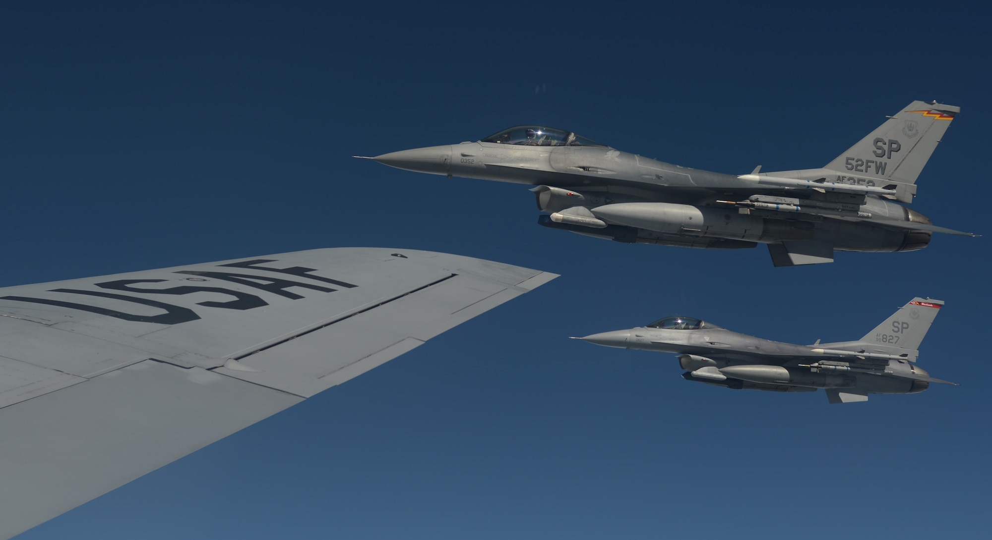 U.S. Air Force F-16 Fighting Falcons wait for their wingmen after receiving fuel from a KC-135 Stratotanker assigned to the 351st Expeditionary Air Refueling Squadron June 13, 2014, during a Baltic Operations Exercise mission over Germany. Celebrating its 42nd year, the BALTOPS Exercise aims to improve security in the Baltic Sea through cooperation among regional allies. (U.S. Air Force photo/Airman 1st Class Kyla Gifford/Released)