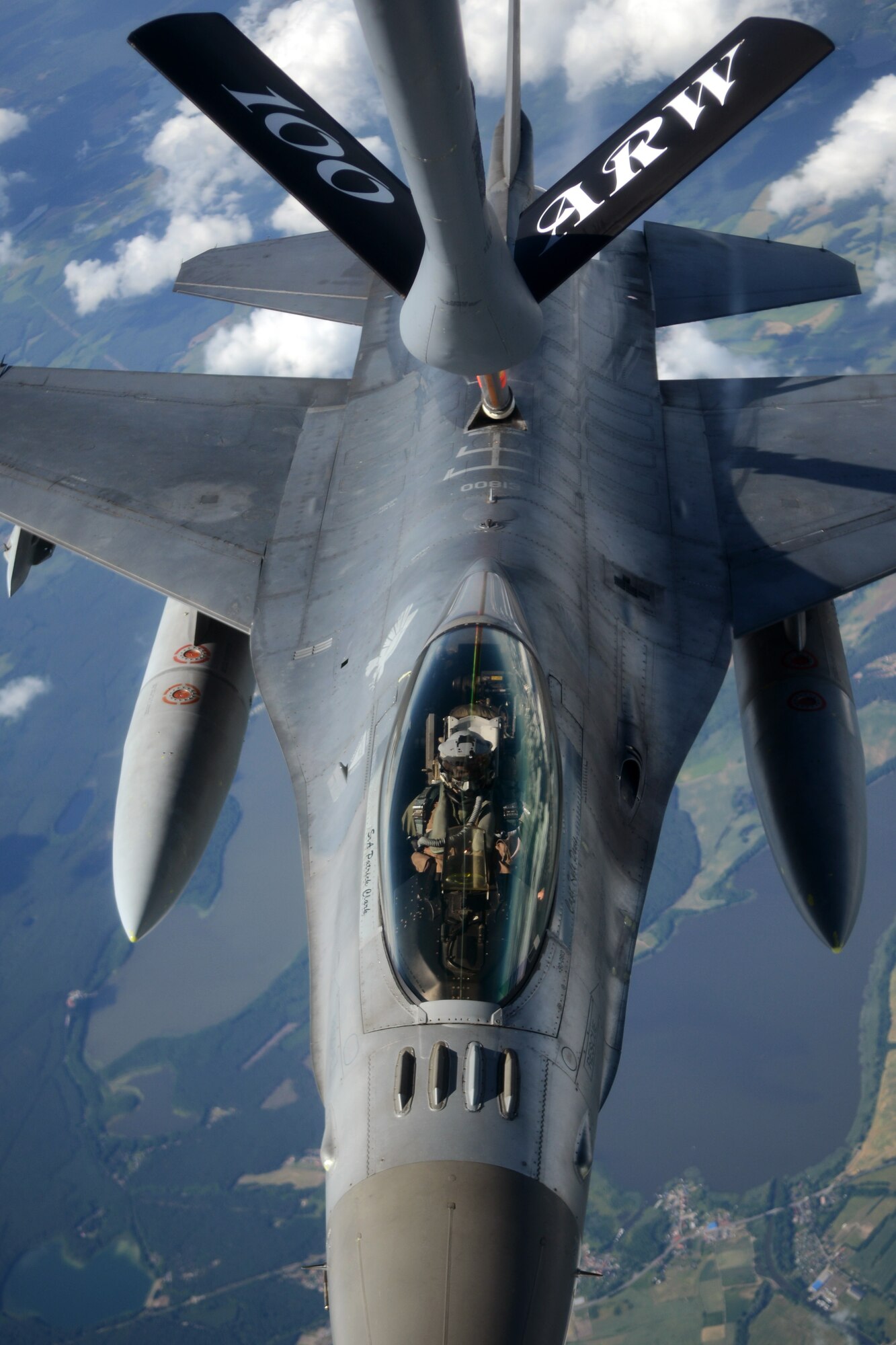 A KC-135 Stratotanker assigned to the 100th Air Refueling Wing refuels a U.S. Air Force F-16 C/D Fighting Falcon during the Baltic Operations Exercise June 12, 2014, over Germany. This is the 42nd iteration of the exercise. (U.S. Air Force photo/Airman 1st Class Dillon Johnston/Released)