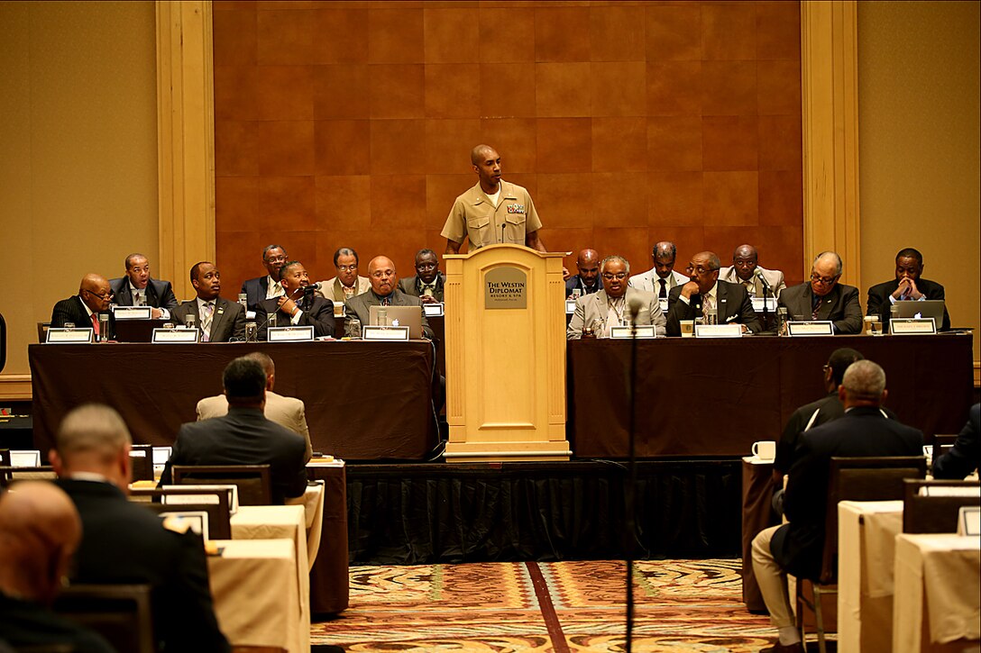 HOLLYWOOD, Fla. - Lt. Col. Larry Parker, Marine Corps Recruiting Command proof source at the 100 Black Men National Convention and head of Enlisted Plans section of Manpower Plans and Policy Branch, speaks to members of the 100 Black Men of America about career opportunities in the Marine Corps during the international board of directors meeting at the 100 Black Men of America national symposium here, June 12, 2014. The Marines have partnered with 100 Black Men of America in hopes of informing many of the organization’s more than 125,000 African American members about opportunities in the Marine Corps and presenting the Marines as a viable career option. The partnership is part of the Marine Corps’ continued efforts to attract and retain diversity within its officer ranks. (Official Marine Corps photo by Lance Cpl. John-Paul Imbody)