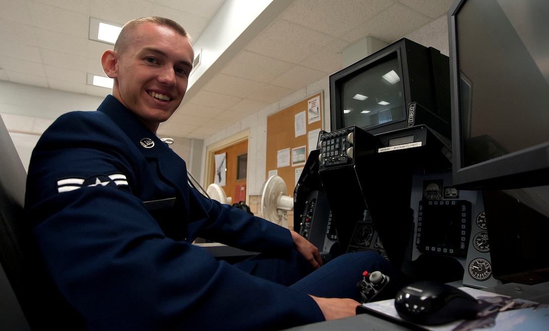 Airman 1st Class Connor Tlusty, 365th Training Squadron student, earned the ACE award June 16 on base. The ACE award is given for getting a 100 percent average. (U.S. Air Force photo by Airman 1st Class Jelani Gibson) 