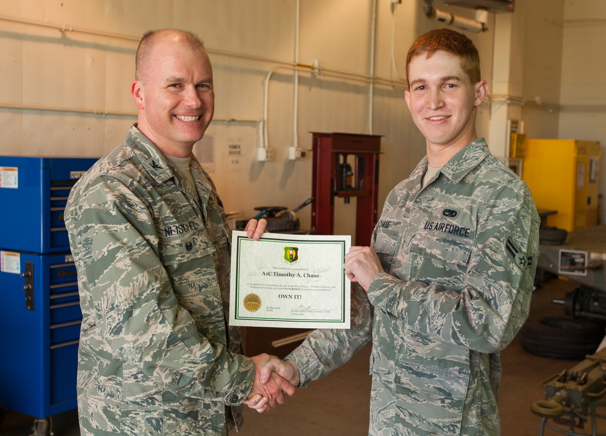 Airman 1st Class Timothy A. Chase, 5th Munitions Squadron, 5th Maintenance Group, has epitomized the 5 BW/CC’s vision of mission ownership.  During the month of April, A1C Chase served as a crew member during the completion of 50 maintenance actions on 26 munitions handling trailers.  His attention to detail led to zero data integrity team (DIT) errors in the maintenance information system for the month.  A1C Chase’s outstanding work ethic proved vital in maintaining a 98% in service rate for a munitions maintenance handling equipment fleet valued at $3.1 million.  Additionally, he was pivotal in developing the quarterly maintenance schedule by creating 126 work orders, ensuring on-time maintenance of 55 munitions handling trailers.  Finally, A1C Chase managed the work center’s hazardous material account containing 58 items, passing two Quality Assurance evaluations with zero defects noted.  Airman Chase clearly supports the 5 BW mission by providing safe and reliable munitions handling equipment to all agencies and embracing the “Own It” mindset. (U.S. Air Force photo/Airman 1st Class Apryl Hall)