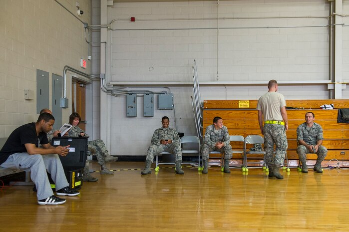 Potential blood donors wait for their chance to give blood at the Air Base gym, June 12, 2014, at Joint Base Charleston, S.C. Members of JB Charleston had the opportunity to donate blood with the help of the American Red Cross, which utilizes volunteers to aid those in need during emergency situations. (U.S. Air Force photo/Senior Airman George Goslin)