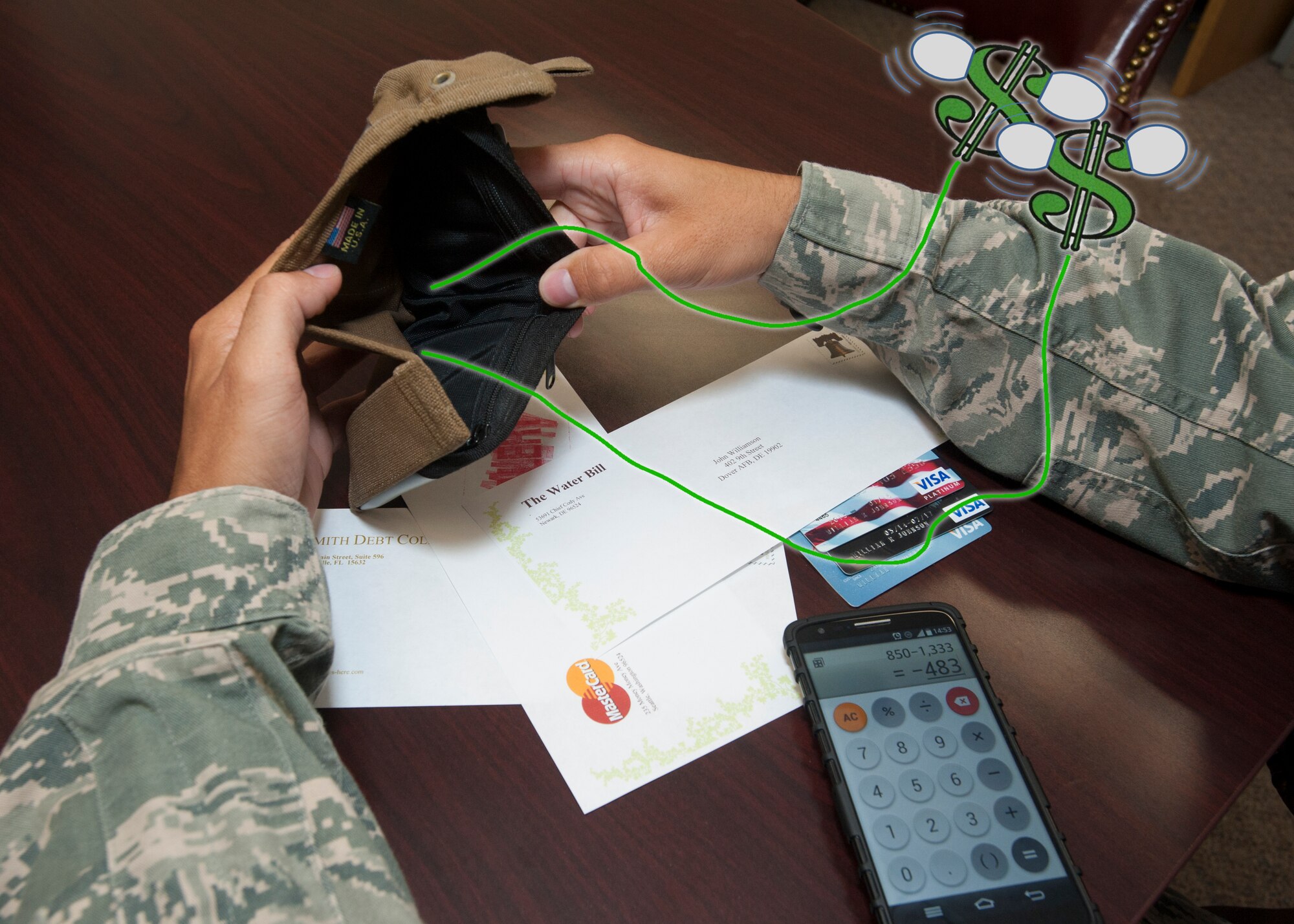 Bills can pile up quickly and cause stressful financial situations for members of Team Dover. $tand By Me: the Delaware Financial Empowerment Partnership, now operates an office on base that offers free financial counseling to all Team Dover personnel, including civilians and their families. (U.S. Air Force illustration/Airman 1st Class Zachary Cacicia)