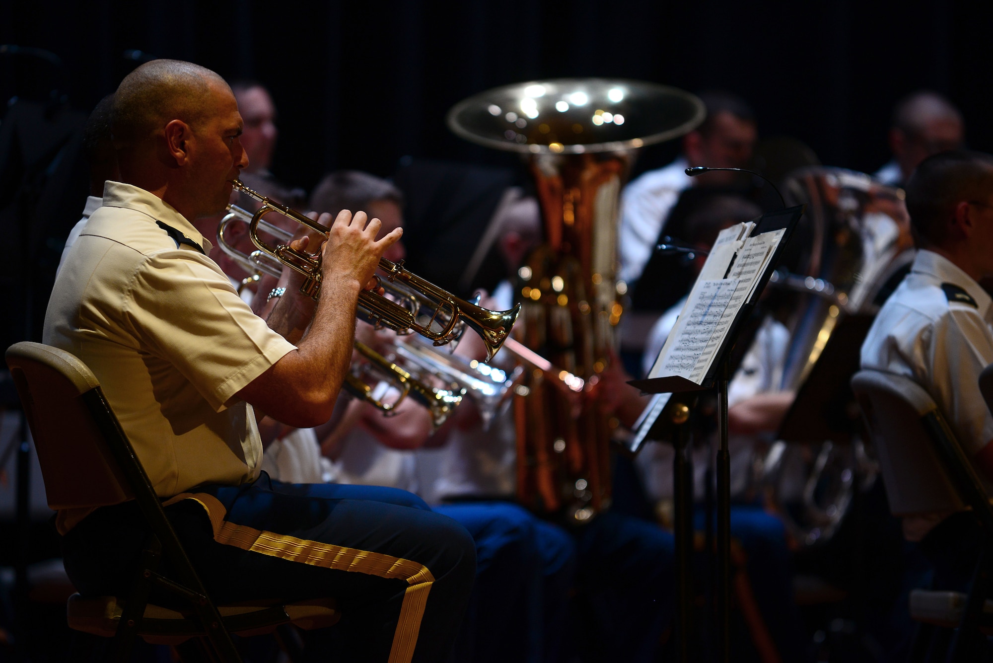 Members of the U.S. Army Training and Doctrine Command Band perform during the 239th Army Birthday concert and streamer ceremony at Fort Eustis, Va., June 12, 2014. The band performed throughout the ceremony. (U.S. Air Force photo by Airman 1st Class Kimberly Nagle/Released) 