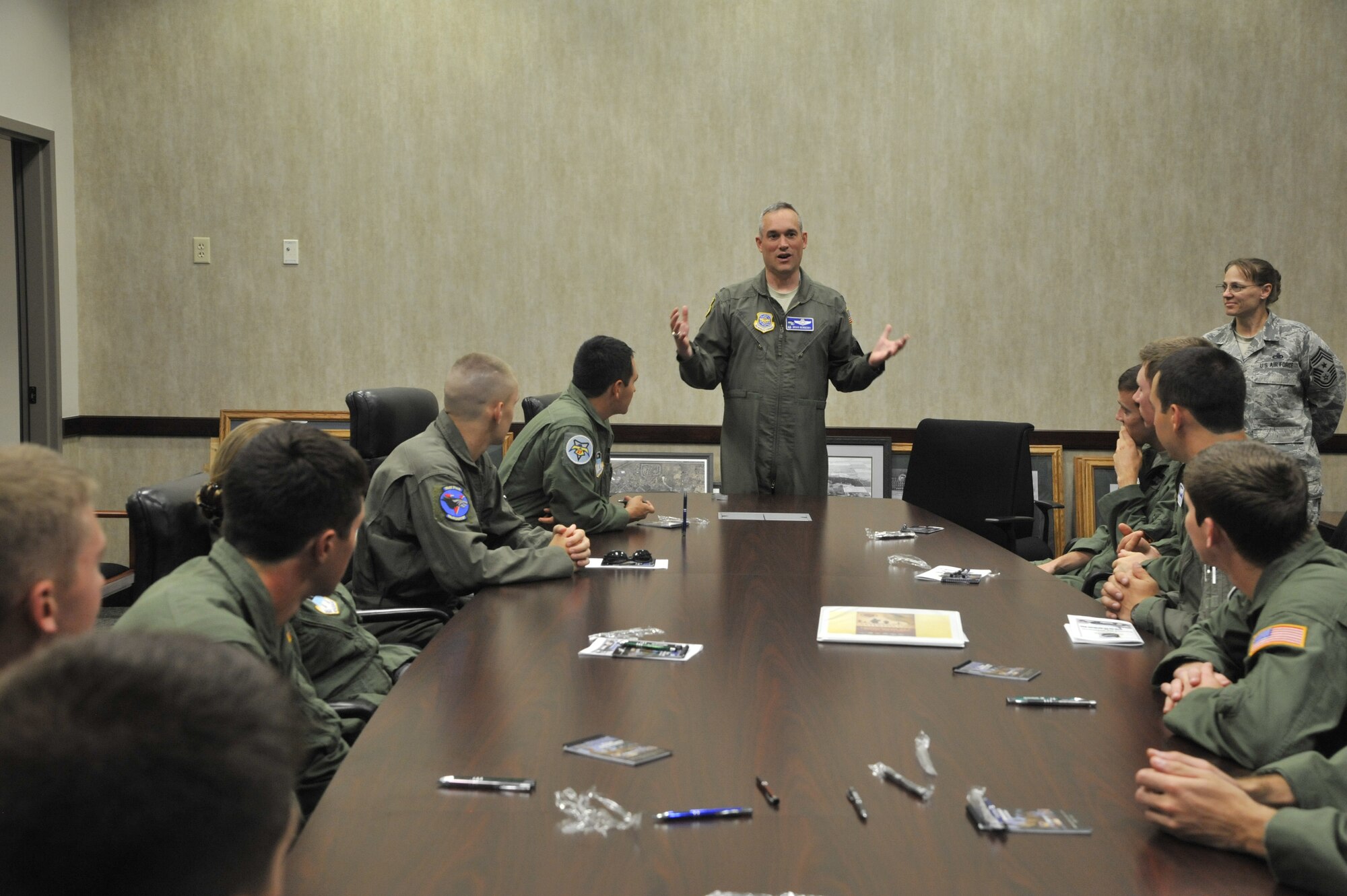 Col. Brian Newberry speaks to Air Force Academy cadets during a welcome briefing after their arrival at Fairchild Air Force Base, Wash., June 16, 2014. The cadets are participating in an Operation Air Force program, allowing them to travel to an operational Air Force base and experience the mission firsthand. Newberry is the 92nd Air Refueling Wing commander. (U.S. Air Force photo by Senior Airman Mary O'Dell/Released)