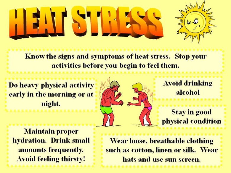 GOODFELLOW AIR FORCE BASE, Texas -- The phrase "heat stress" refers to a group of heat-related illnesses that include heat cramps, heat exhaustion and heat stroke. (U.S. Air Force graphic) 