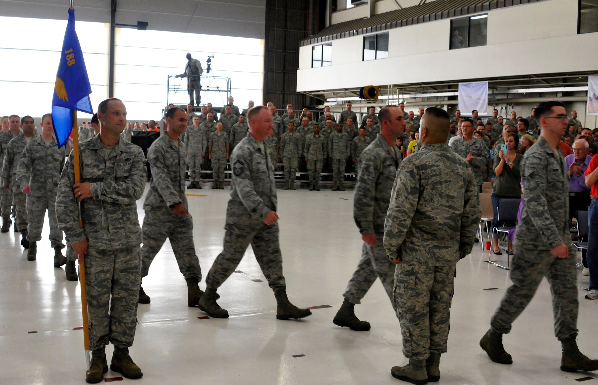 Members of the 188th Maintenance Group march from their formations following the group’s inactivation during the 188th Wing’s Conversion Day ceremony June 7. The 188th Maintenance Group, 188th Maintenance Squadron, 188th Aircraft Maintenance Squadron and 188th Maintenance Operations Flight were inactivated as a result of the 188th’s conversion to a remotely piloted aircraft (MQ-9 Reapers) and intelligence, surveillance and reconnaissance mission. (U.S. Air National Guard photo by Airman 1st Class Cody Martin)