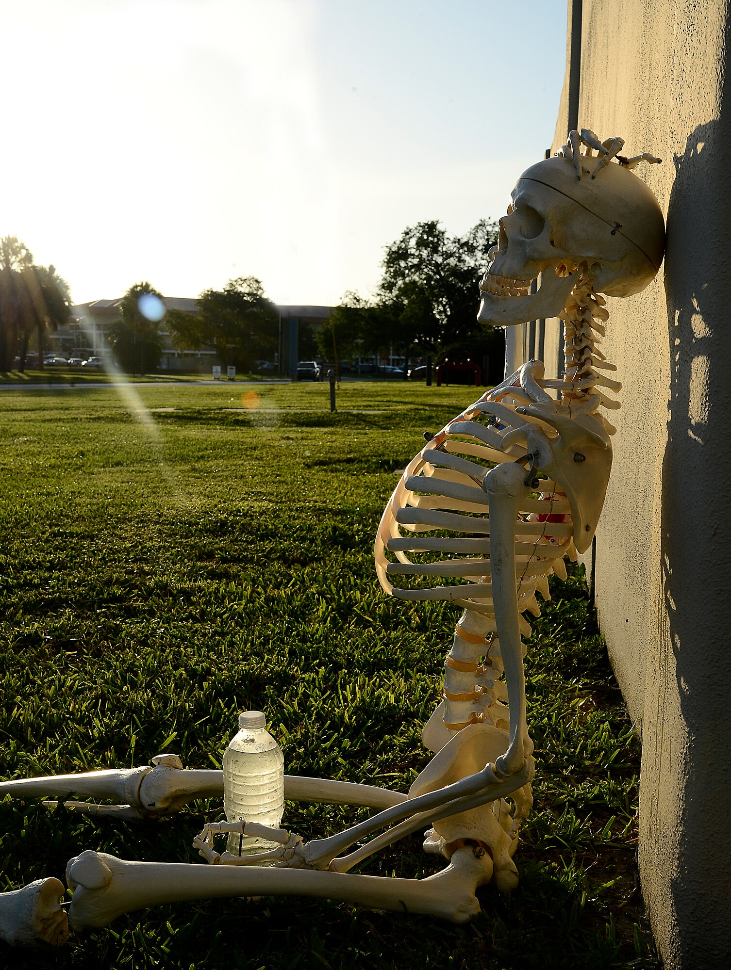 MacBones, 6th Air Mobility Wing safety skeleton, sits in the sun for a water break at MacDill Air Force Base, Fla., June 17, 2014. Staying hydrated is the number one way to protect yourself from heat illnesses. (U.S Air Force photo illustration by Staff Sgt. Brittany Liddon/Released)