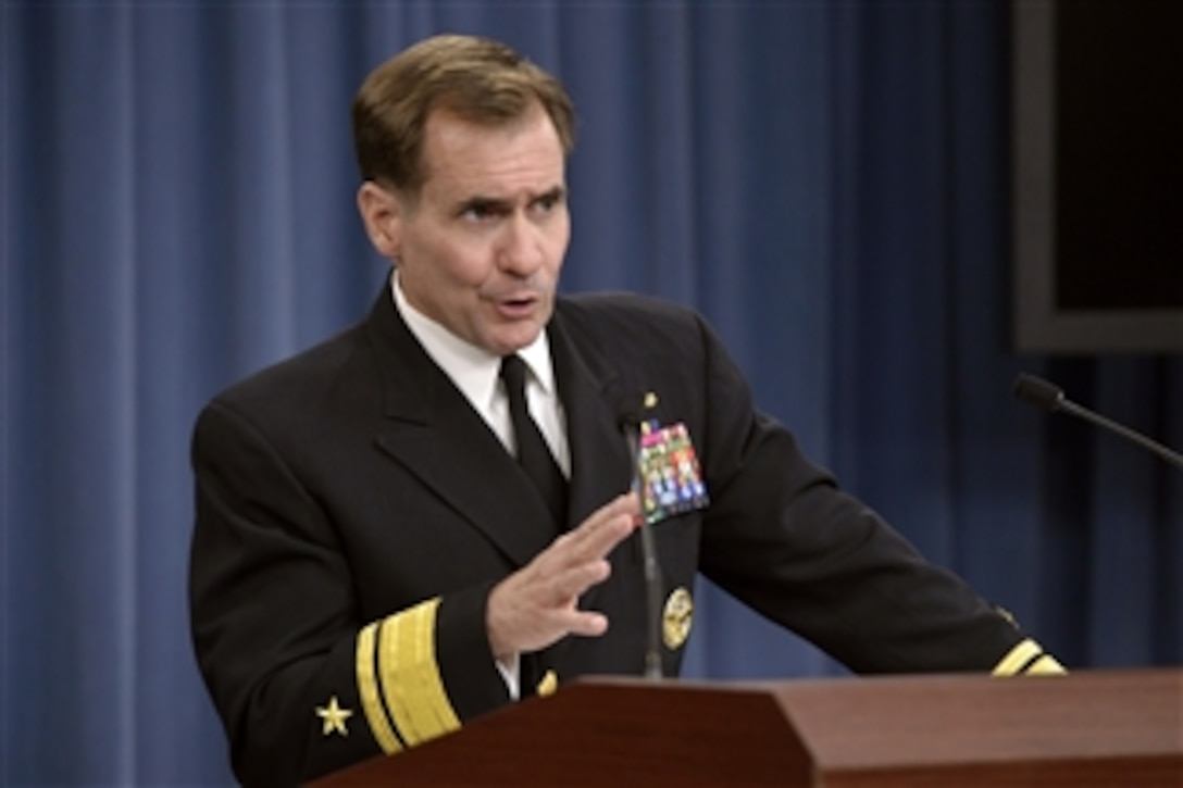 Pentagon Press Secretary Navy Rear Adm. John Kirby briefs reporters at the Pentagon, June 17, 2014. Kirby answered questions about the capture of Ahmed Abu Khattalah, an alleged leader in the Sept. 11, 2012, attack on the U.S. diplomatic compound in Benghazi, Libya, during which U.S. Ambassador Christopher Stevens and three other Americans were killed.