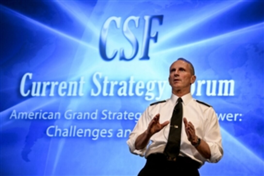 Navy Adm. Jonathan W. Greenert, chief of naval operations, delivers remarks to U.S. Naval War College students and guests during the 65th annual Current Strategy Forum at the college in Newport; R.I., June 17, 2014. The two-day forum explores issues of strategic national importance. 