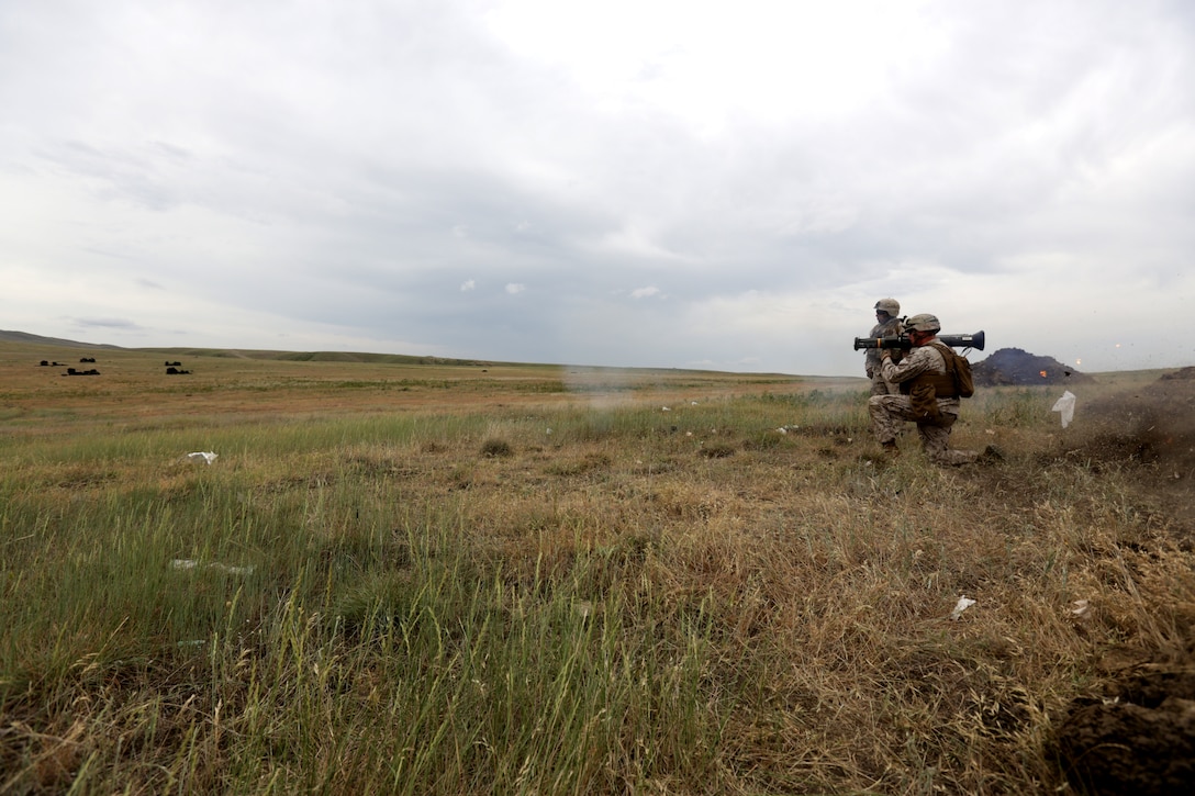 U.S. Marine Corps Lance Cpl. Matthew Weems of Black Sea Rotational Force 14 from 3rd Battalion, 8th Marine Regiment, fires an AT-4 light anti-armor weapon while conducting live fire along with Georgian soldiers during exercise Agile Spirit 14 at Vaziani Training Area, Georgia, June 11, 2014. This fourth iteration of the Agile Spirit exercise will run until 21 June, and includes live-fire training and a field exercise with both countries. The exercise is conducted with the Georgian Armed Forces within the Vaziani Training Area to increase partnership capacity and interoperability between the two nations. (U.S. Marine Corps photo by Lance Cpl. Samantha A. Barajas, 2nd Marine Division, Combat Camera/ Released)