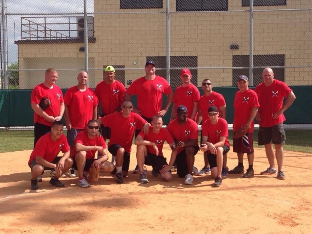 Recruiter Instructors from the 8th Marine Corps District pose for a photo following a victorious softball game. 