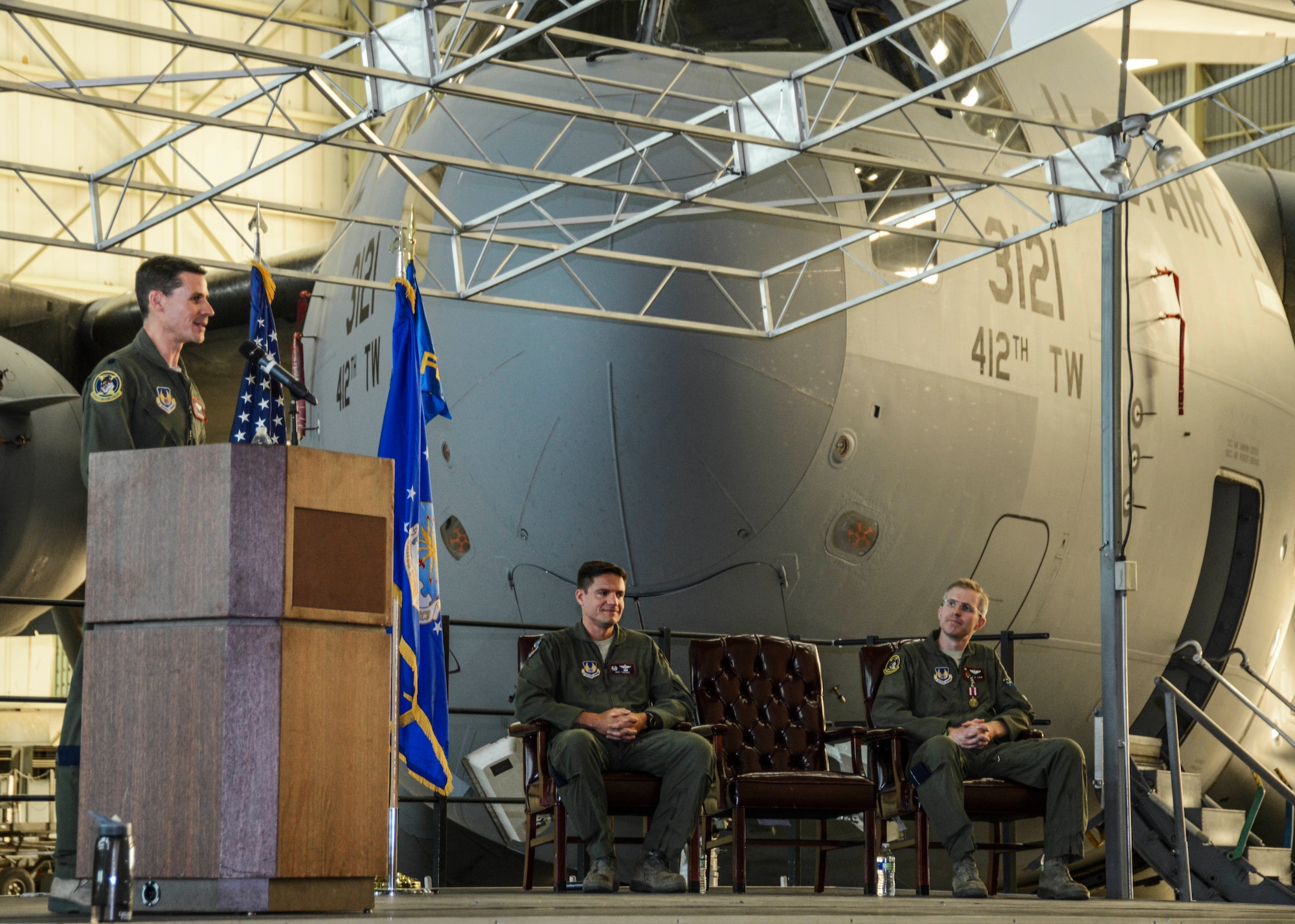 Lt. Col. Eric Bippert addresses the troops after receiving command of the 418th Flight Test Squadron June 18. (U.S. Air Force photo by Rebecca Amber)
