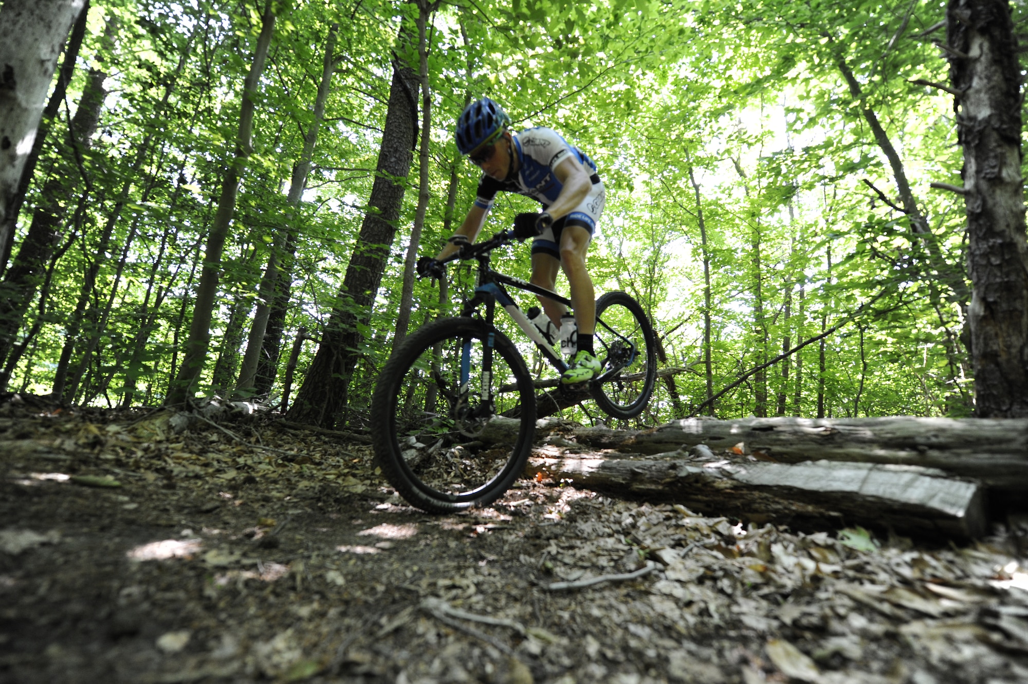 Senior Airman David Flaten, 811th Security Forces Squadron protective services member and professional cross-country mountain biker, trains at Rosaryville State Park, Md., June 3, 2014. Flaten is ranked 43rd of 250 according to USA Cycling, the official cycling organization responsible for identifying, training and selecting cyclists to represent the United States in international competition. (U.S. Air Force photo/ Senior Airman Nesha Humes)