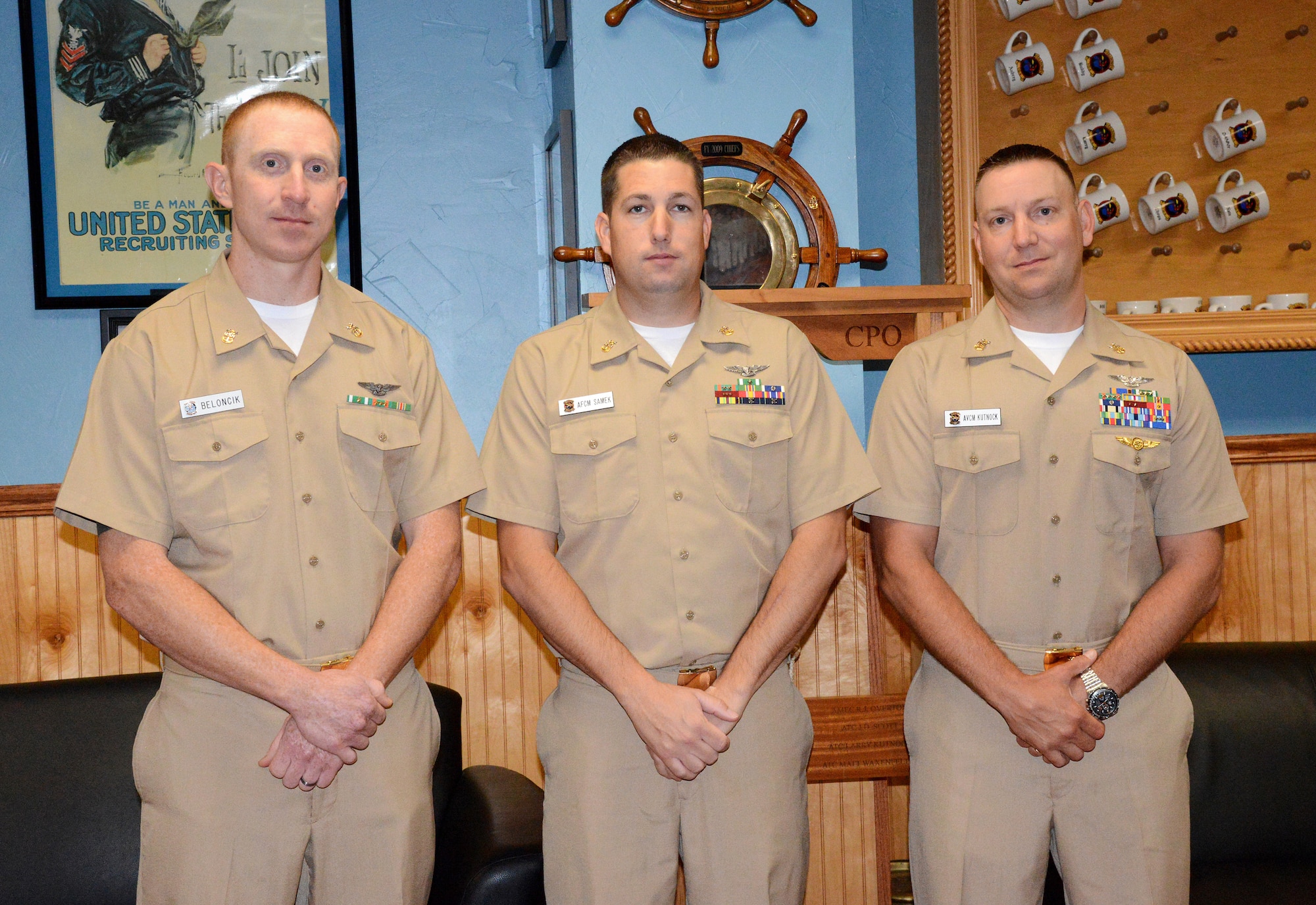 Joshua Beloncik, Eric Samek and Larry Kutnock were all recently promoted to master chief petty officer, the Navy’s highest enlisted rank, a feat only achieved by 13.8 percent of eligible senior chiefs this year. (Air Force photo by Kelly White)
