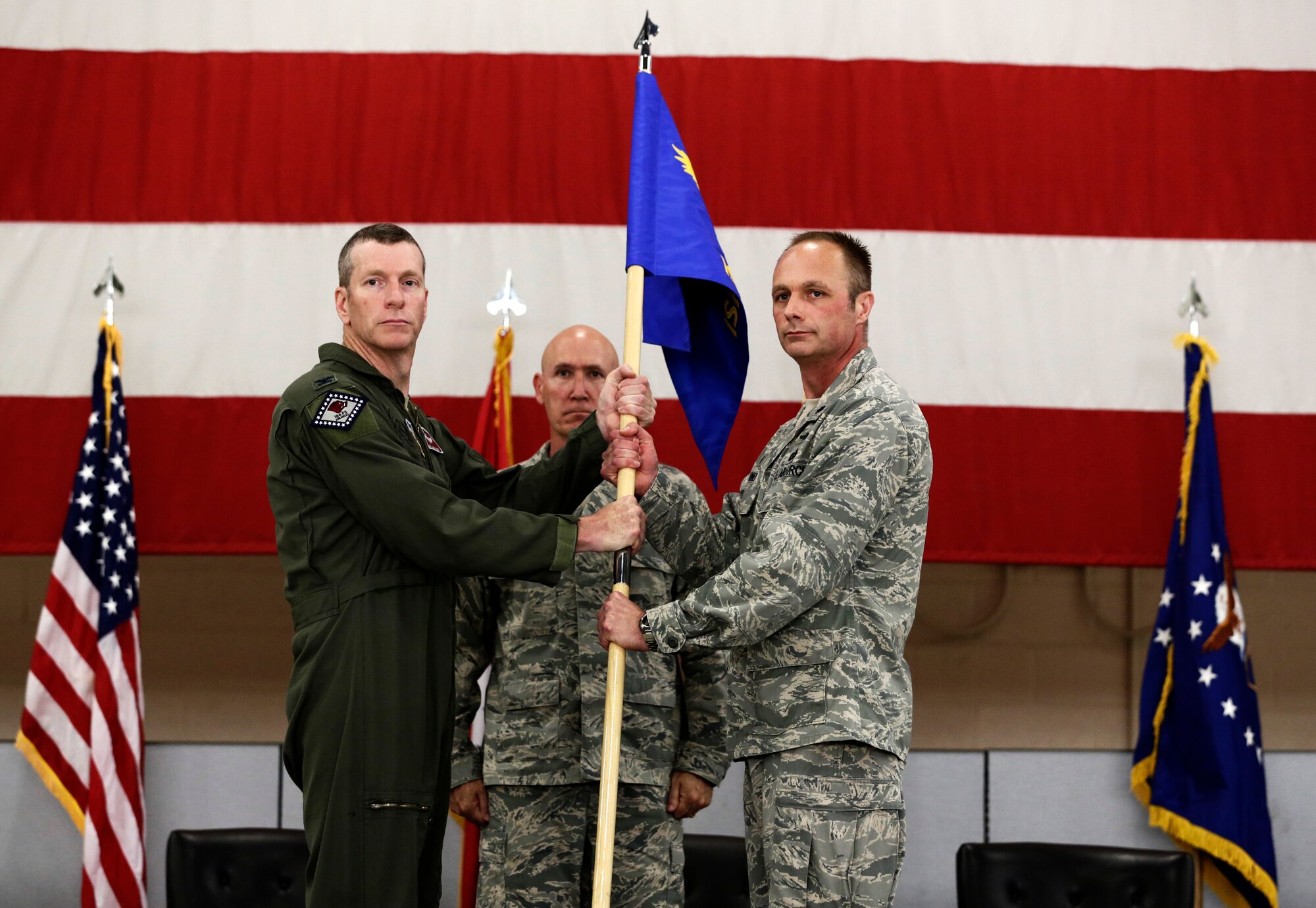 Lt. Col. Robert Kinney assumed command of the 188th Intelligence, Surveillance and Reconnaissance Group during a Conversion Day ceremony held at Ebbing Air National Guard Base, Fort Smith, Arkansas, June 7, 2014.  The ceremony also recognized the many changes occurring at the wing as a result of its conversion to a remotely piloted aircraft (MQ-9 Reapers) and ISR mission. The 188th Fighter Wing was redesignated as the 188th Wing during the event as well. (U.S. Air National Guard photo by Master Sgt. Mark Moore)