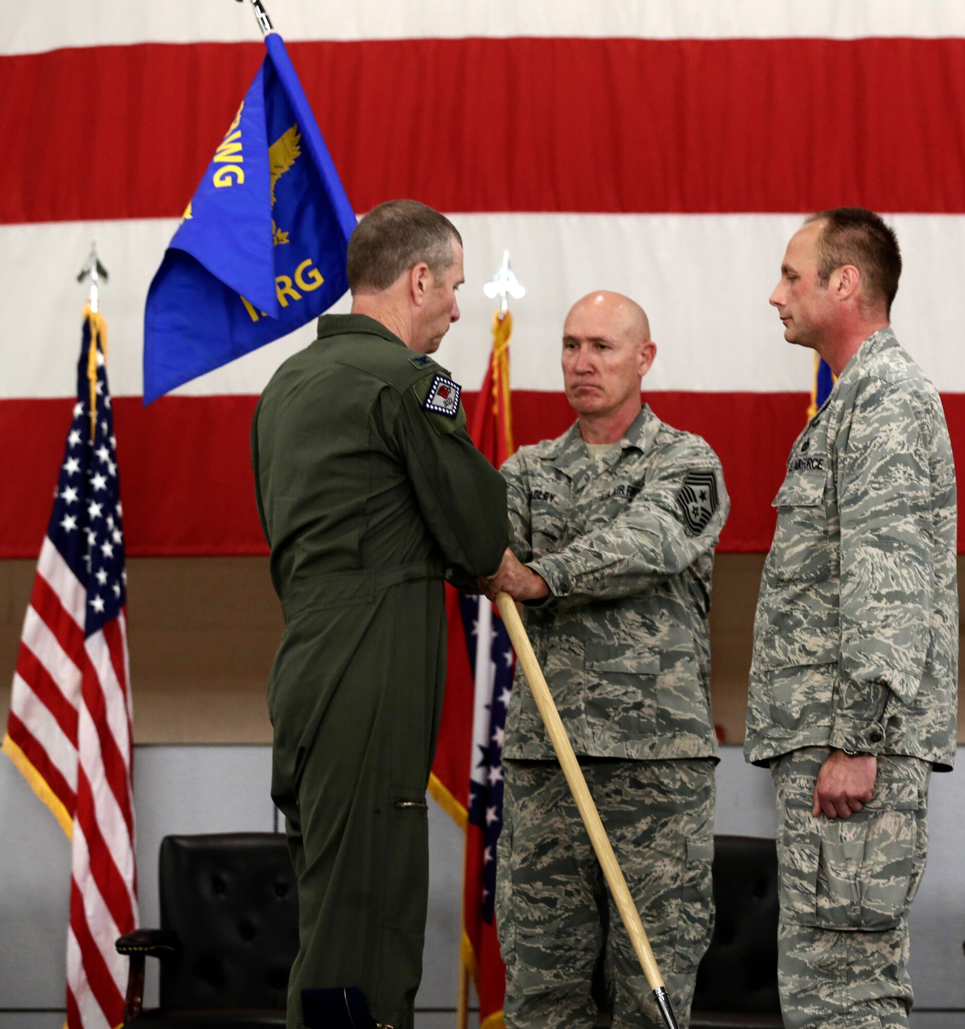 Lt. Col. Robert Kinney assumed command of the 188th Intelligence, Surveillance and Reconnaissance Group during a Conversion Day ceremony held at Ebbing Air National Guard Base, Fort Smith, Arkansas, June 7, 2014.  The ceremony also recognized the many changes occurring at the wing as a result of its conversion to a remotely piloted aircraft (MQ-9 Reapers) and ISR mission. The 188th Fighter Wing was redesignated as the 188th Wing during the event as well. (U.S. Air National Guard photo by Master Sgt. Mark Moore)