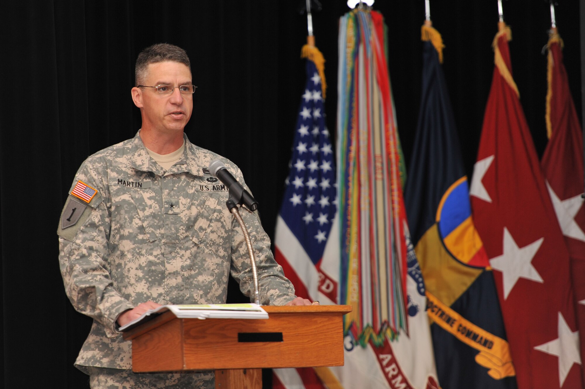 U.S. Army Brig. Gen. Joseph M. Martin, Combined Arms Center deputy commanding general, gives opening remarks during the Training and Education 2025 Industry Forum at Fort Eustis, Va., June 18, 2014.  The purpose of the forum was to brief industry partners on current gaps in education and training, and express desired capabilities for the Army in 2025 and beyond. (U.S. Air Force photo by Staff Sgt. Katie Gar Ward/Released)
