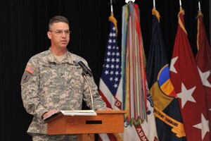 U.S. Army Brig. Gen. Joseph M. Martin, Combined Arms Center deputy commanding general, gives opening remarks during the Training and Education 2025 Industry Forum at Fort Eustis, Va., June 18, 2014.  The purpose of the forum was to brief industry partners on current gaps in education and training, and express desired capabilities for the Army in 2025 and beyond. (U.S. Air Force photo by Staff Sgt. Katie Gar Ward/Released)