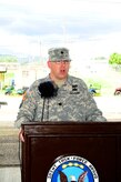 U. S. Army Lt. Col. Nicholas Dickson addresses the Army Forces Battalion at Soto Cano Air Base, Honduras during the change of command ceremony, June 16, 2014. Nicholson assumed command from outgoing commander U. S. Army Lt. Col. Alan McKewan. Army Forces Battalion is an expeditionary force ready to deploy as a resilient, integrated team capable of conducting administrative and logistical support for Joint Task Force-Bravo missions within Central America in order to counter illicit trafficking, support foreign humanitarian assistance/disaster relief and build partner nation capacity. (Photo by Martin Chahin) 