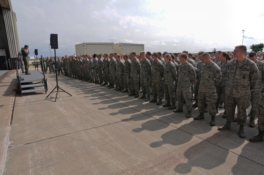 Col. Russ Walz, 114th Fighter Wing commander, briefs the members of the wing on the Unit Effectiveness Inspection and the capstone event they will participate in at Joe Foss Field, S.D. June 17, 2014.  The UEI is part of the Air Force’s newly implemented inspection system, aimed at giving wing commanders more power to self-assess their unit's effectiveness.(National Guard photo by Staff Sgt. Luke Olson/Released)