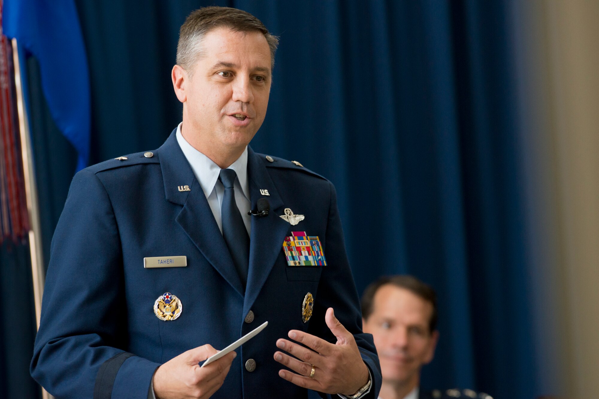 Brig. Gen. Michael R. Taheri, commander of the Air National Guard Readiness Center, assumes command of the ANGRC from Lt. Gen. Stanley E. Clarke III, the director of the ANG, during an assumption of command ceremony June 16, 2014 at the ANGRC, Joint Base Andrews, Md. The ANGRC ensures ANG field units are properly resourced to train and equip in support of the state and federal missions across the entire spectrum of military operations and provide support sustaining ANG Airmen throughout their careers. (Air National Guard photo by Master Sgt. Marvin Preston/Released)