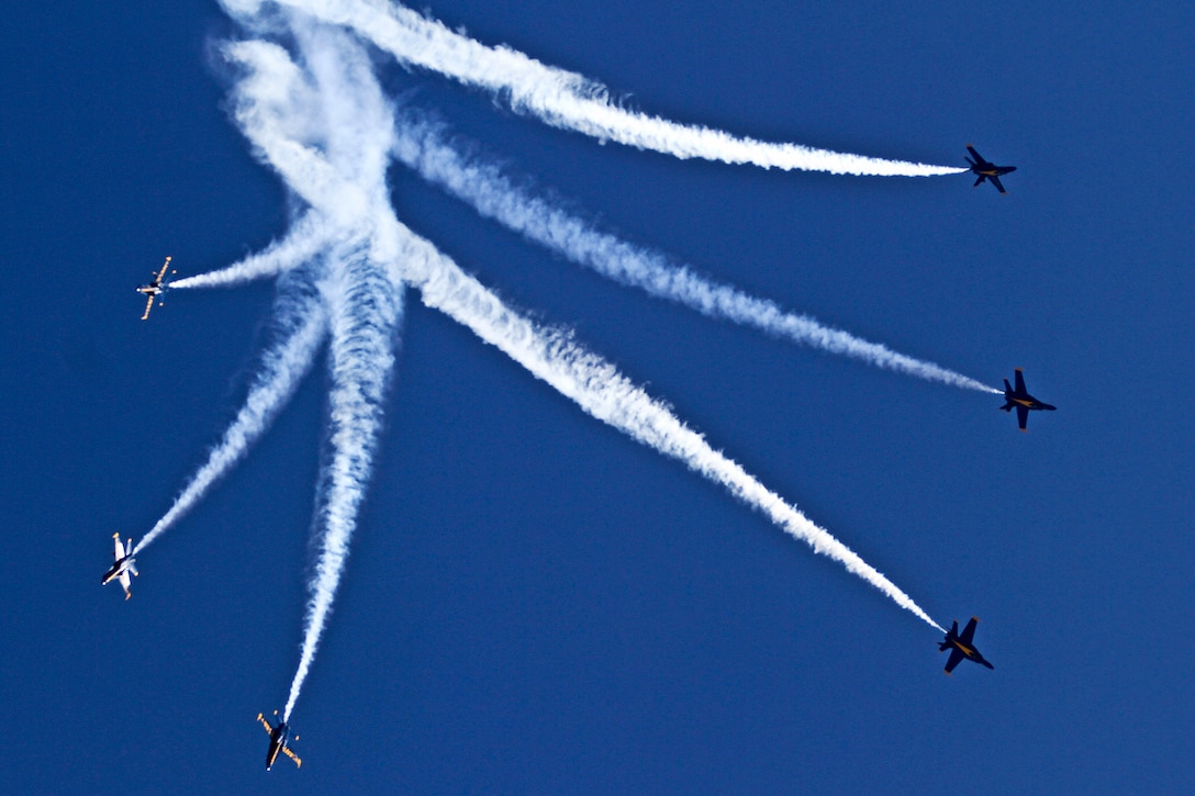 The Blue Angels, the Navy's flight demonstration squadron, performs during the 2011 Marine Corps Air Station Miramar Air Show, Oct. 1, 2011. The Blue Angels performed stunts all three days of the air show.  
