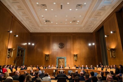 Gen. Martin E. Dempsey, chairman of the Joint Chiefs of Staff, joined Chuck Hagel,  Secretary of Defense, and Robert Hale, Under Secretary of Defense (Comptroller)/Chief Financial Officer, to testify before the Senate Subcommittee on Department of Defense to examine proposed budget estimates for fiscal year 2015 for the Department of Defense, Jun. 18, 2014.