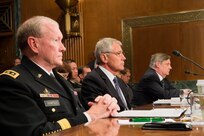 Gen. Martin E. Dempsey, chairman of the Joint Chiefs of Staff, joined Chuck Hagel,  Secretary of Defense, and Robert Hale, Under Secretary of Defense (Comptroller)/Chief Financial Officer, to testify before the Senate Subcommittee on Department of Defense to examine proposed budget estimates for fiscal year 2015 for the Department of Defense, Jun. 18, 2014.
