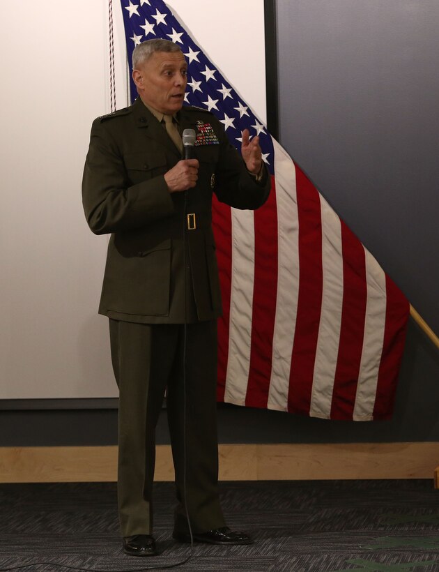 General John M. Paxton, Jr., the assistant commandant of the Marine Corps, speaks on the life of Gunnery Sgt. Jonathan Gifford, a team chief with 2d Marine Special Operations Battalion, U.S. Marine Corps Forces Special Operations Command, during a ceremony at Stone Bay aboard Marine Corps Base Camp Lejeune, N.C., June 17. Gifford was posthumously awarded the Navy Cross for his actions while serving with Combined Joint Special Operations Task Force Afghanistan in support of Operation Enduring Freedom in July 2012. The Navy Cross is the highest decoration bestowed by the Department of the Navy and second highest decoration for valor.