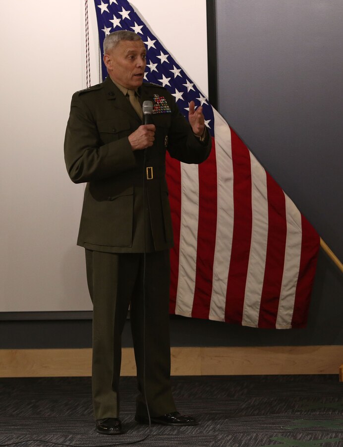 General John M. Paxton, Jr., the assistant commandant of the Marine Corps, speaks on the life of Gunnery Sgt. Jonathan Gifford, a team chief with 2d Marine Special Operations Battalion, U.S. Marine Corps Forces Special Operations Command, during a ceremony at Stone Bay aboard Marine Corps Base Camp Lejeune, N.C., June 17. Gifford was posthumously awarded the Navy Cross for his actions while serving with Combined Joint Special Operations Task Force Afghanistan in support of Operation Enduring Freedom in July 2012. The Navy Cross is the highest decoration bestowed by the Department of the Navy and second highest decoration for valor.