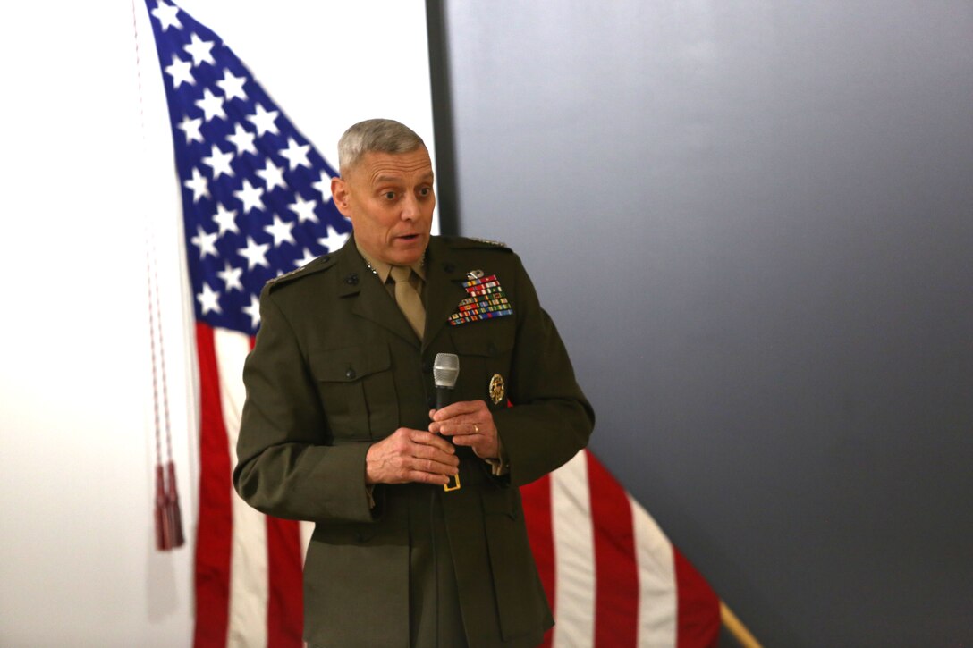 General John M. Paxton, Jr., the assistant commandant of the Marine Corps, speaks on the life of Gunnery Sgt. Jonathan Gifford, a team chief with 2d Marine Special Operations Battalion, U.S. Marine Corps Forces Special Operations Command, during a ceremony at Stone Bay aboard Marine Corps Base Camp Lejeune, N.C., June 17. Gifford was posthumously awarded the Navy Cross for his actions while serving with Combined Joint Special Operations Task Force Afghanistan in support of Operation Enduring Freedom in July 2012. The Navy Cross is the highest decoration bestowed by the Department of the Navy and second highest decoration for valor.