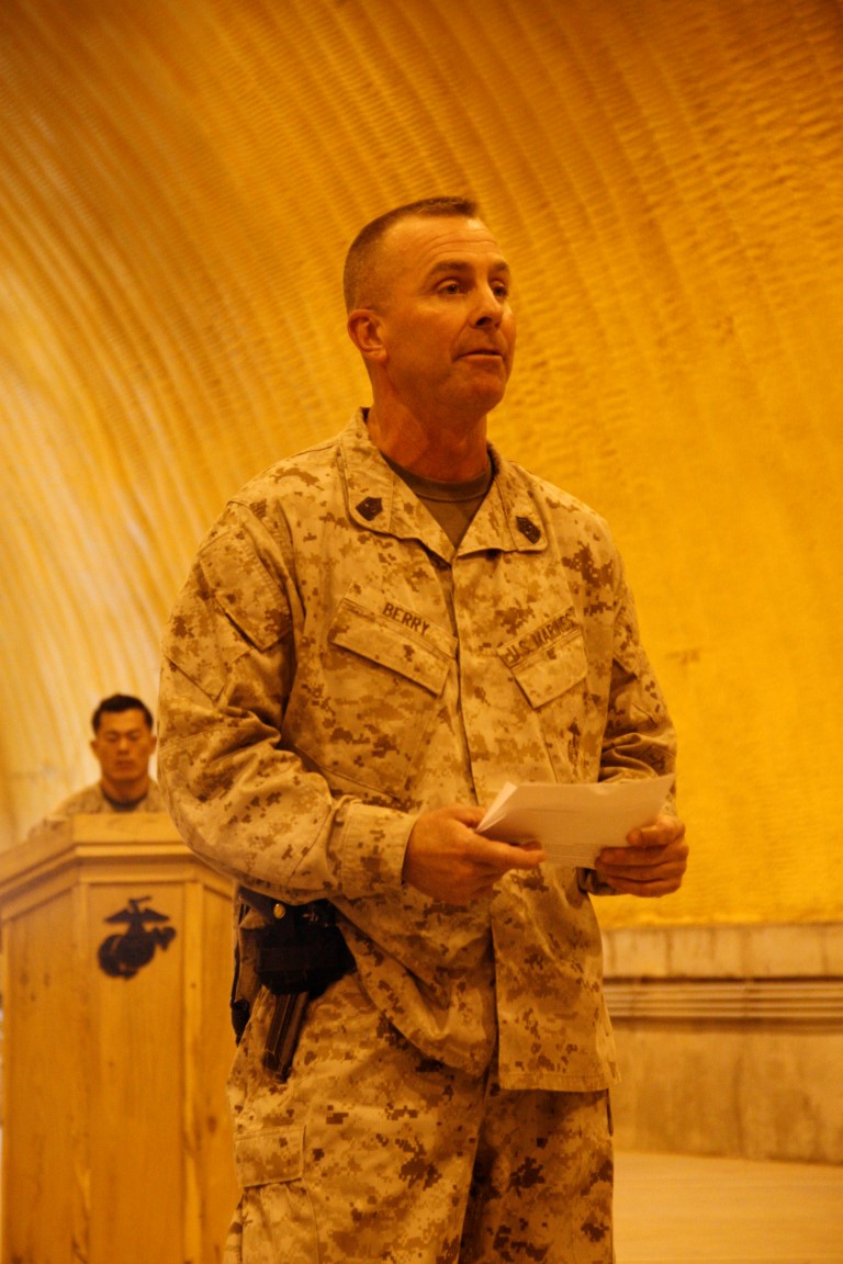 Sergeant Maj. Douglas E. Berry, Jr., sergeant major, Regional Command (Southwest), addresses service members during a ceremony for the 116th birthday of the United States Navy's Hospital Corps held aboard Camp Leatherneck, Afghanistan, June 17, 2014. The ceremony included a cake cutting with the youngest and oldest corpsmen on Camps Bastion and Leatherneck, and was followed by the corpsmen reciting their Hospital Corpsman's Pledge.