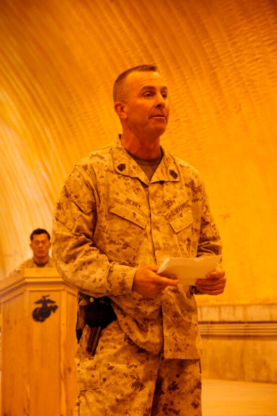 Sergeant Maj. Douglas E. Berry, Jr., sergeant major, Regional Command (Southwest), addresses service members during a ceremony for the 116th birthday of the United States Navy's Hospital Corps held aboard Camp Leatherneck, Afghanistan, June 17, 2014. The ceremony included a cake cutting with the youngest and oldest corpsmen on Camps Bastion and Leatherneck, and was followed by the corpsmen reciting their Hospital Corpsman's Pledge.