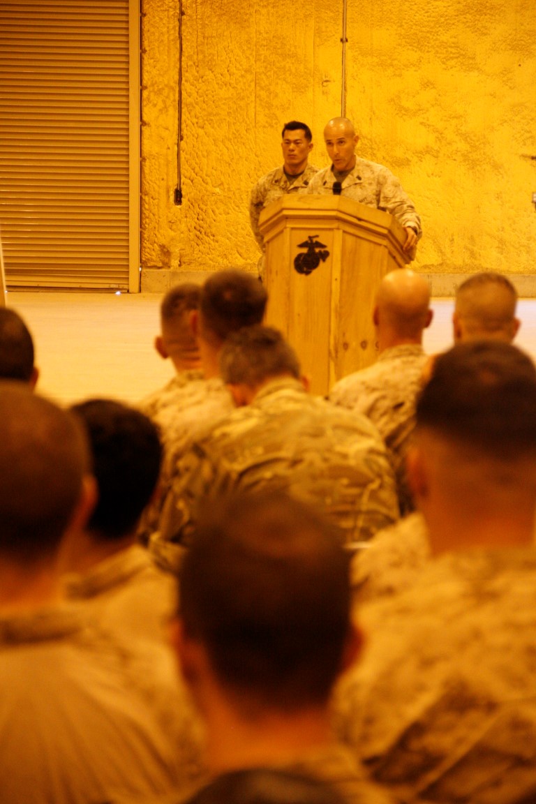 United States Navy Master Chief Frank Dominguez, command master chief, Regional Command (Southwest), addresses service members during a ceremony for the 116th birthday of the United States Navy's Hospital Corps held aboard Camp Leatherneck, Afghanistan, June 17, 2014. The ceremony included a cake cutting with the youngest and oldest corpsmen on Camps Bastion and Leatherneck, and was followed by the corpsmen reciting their Hospital Corpsman's Pledge.