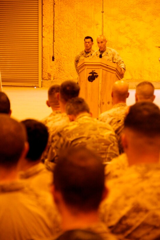 United States Navy Master Chief Frank Dominguez, command master chief, Regional Command (Southwest), addresses service members during a ceremony for the 116th birthday of the United States Navy's Hospital Corps held aboard Camp Leatherneck, Afghanistan, June 17, 2014. The ceremony included a cake cutting with the youngest and oldest corpsmen on Camps Bastion and Leatherneck, and was followed by the corpsmen reciting their Hospital Corpsman's Pledge.